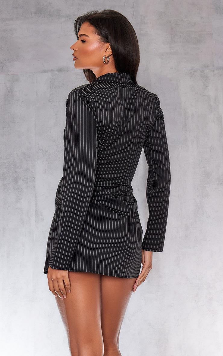 Black Woven Pinstripe Ruched Detail Blazer Dress Product Image