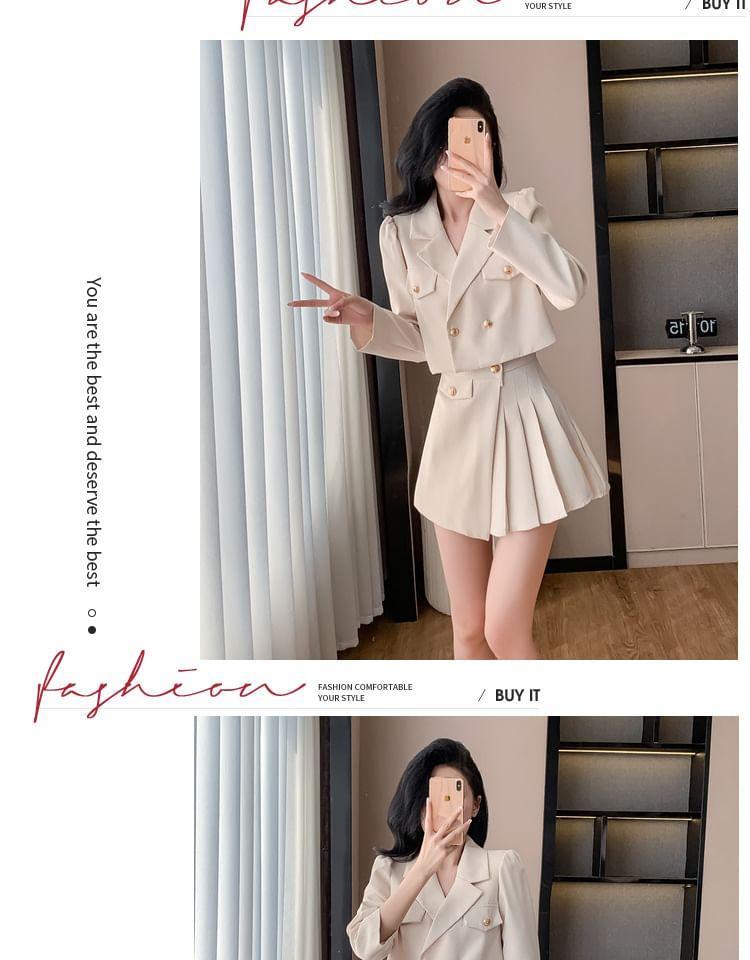 Set: Notch Lapel Plain Double Breasted Blazer + High Rise Pleated Mini A-Line Skirt Product Image