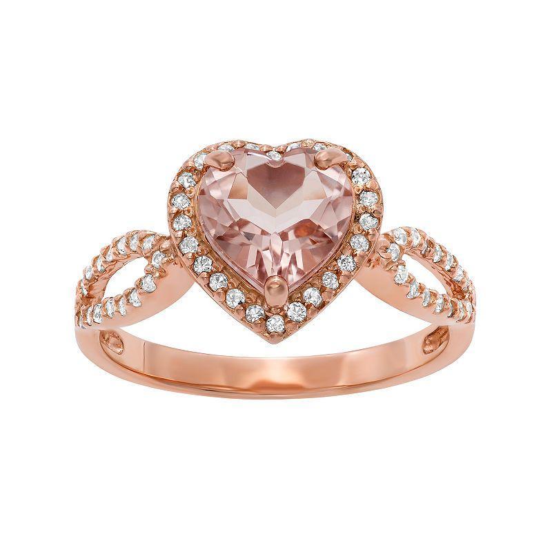 Designs by Gioelli 14k Rose Gold Over Silver Simulated Morganite and Lab-Created White Sapphire Heart Halo Ring, Womens Light Pink Product Image