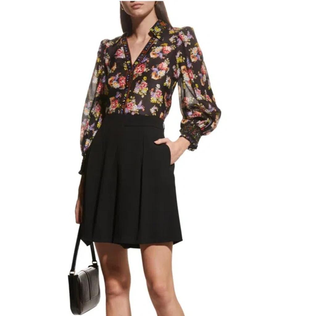 ALICE AND OLIVIA Cosima Floral Silk Blouson-sleeve Button-front Top In Timeless Blossom Product Image