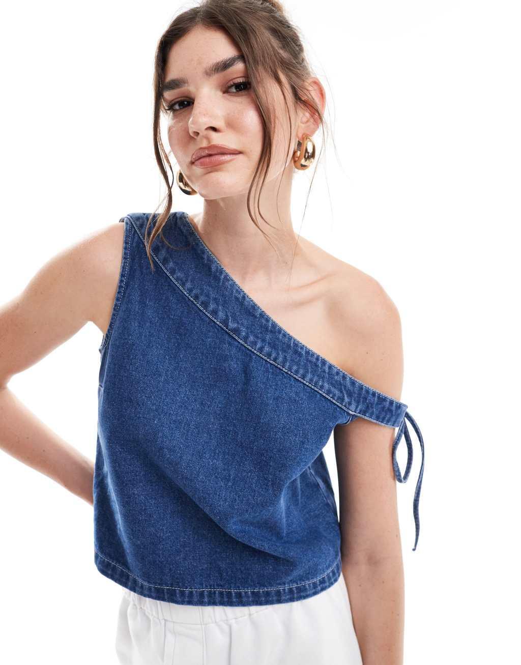 ASOS DESIGN denim one shoulder top in mid blue product image