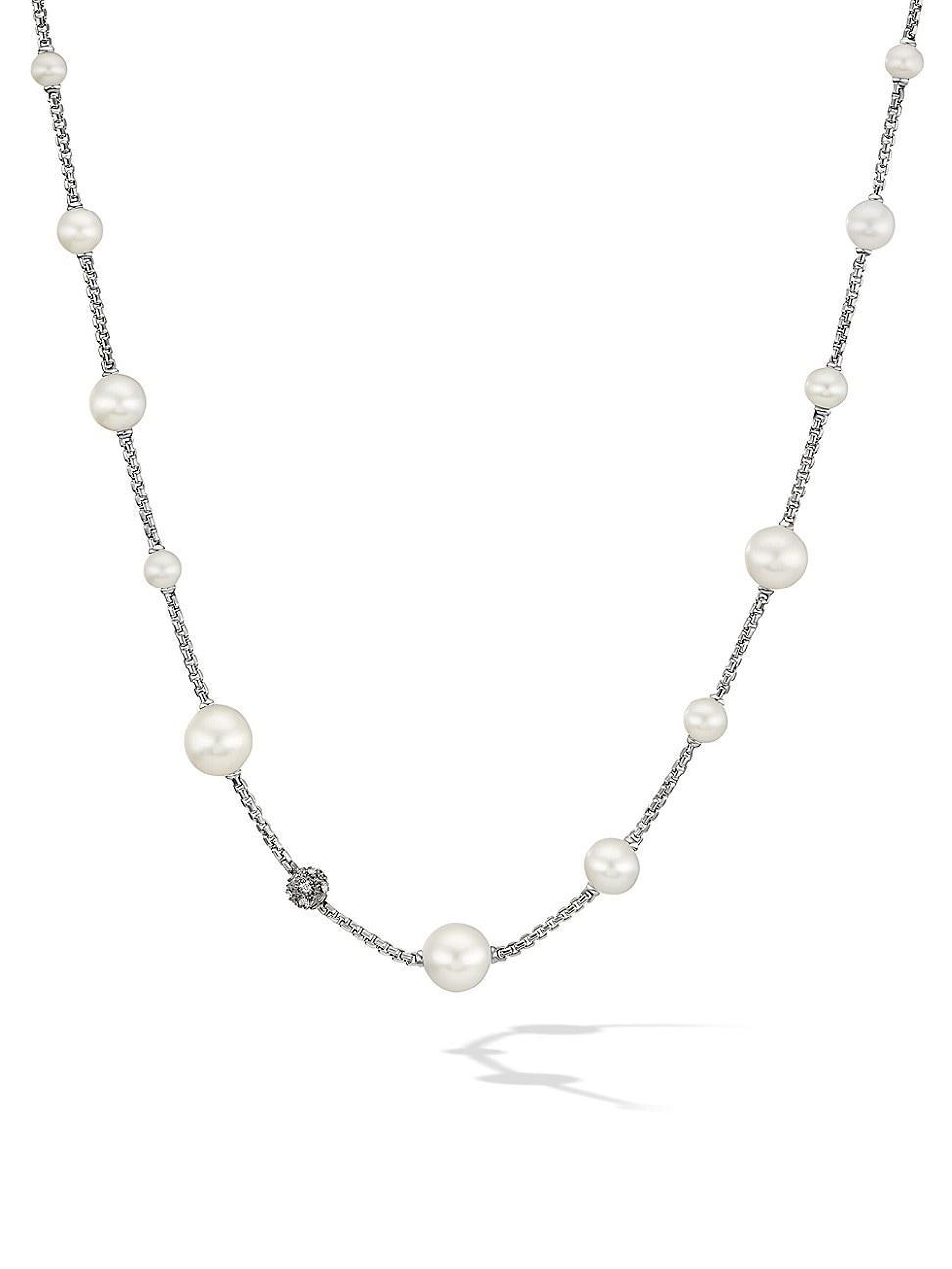 Womens Pearl Sterling Silver & Diamond Pav Station Necklace Product Image