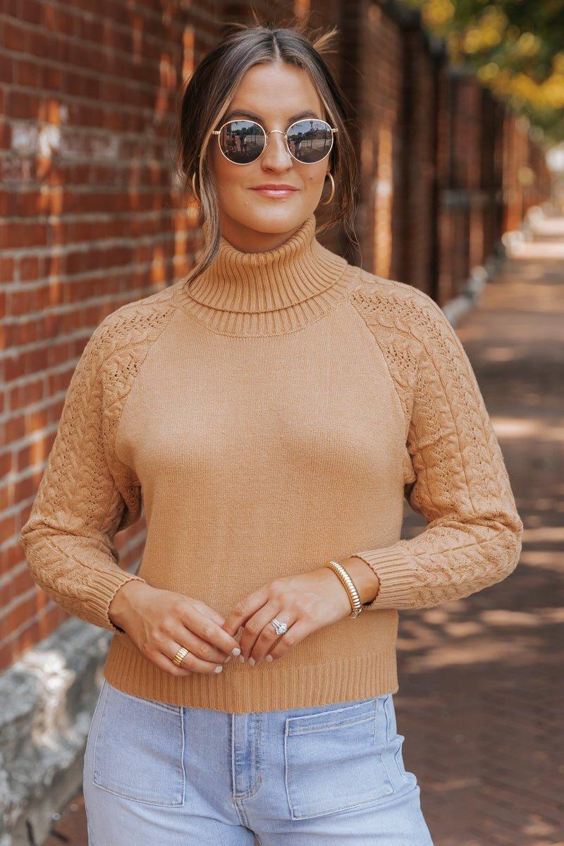 Camel Cable Knit Sleeve Turtleneck Sweater - DOORBUSTER Female Product Image