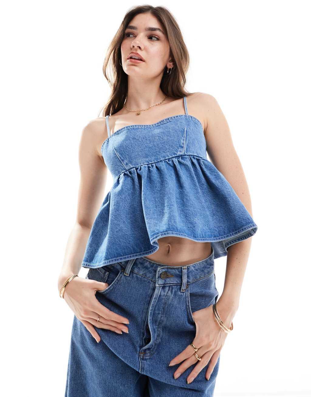 ASOS DESIGN denim babydoll top in bleach Product Image