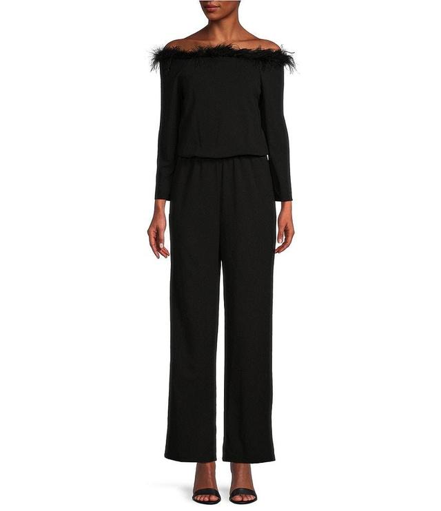 Marina Off-the-Shoulder Feather Trim Scuba Crepe Jumpsuit Product Image