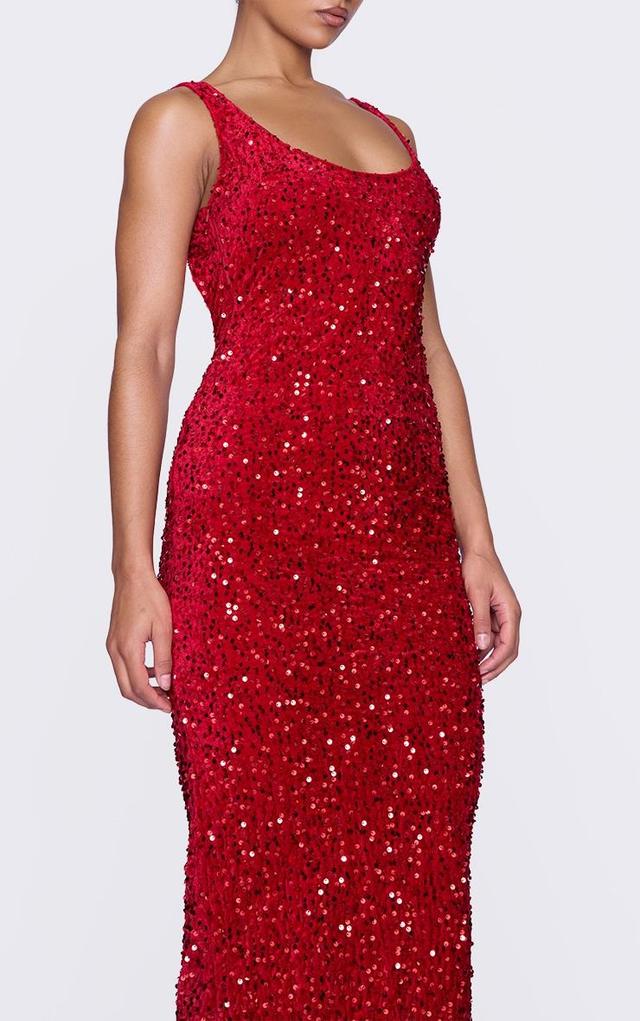 Red Velvet Sequin Embellished Scoop Back Maxi Dess Product Image