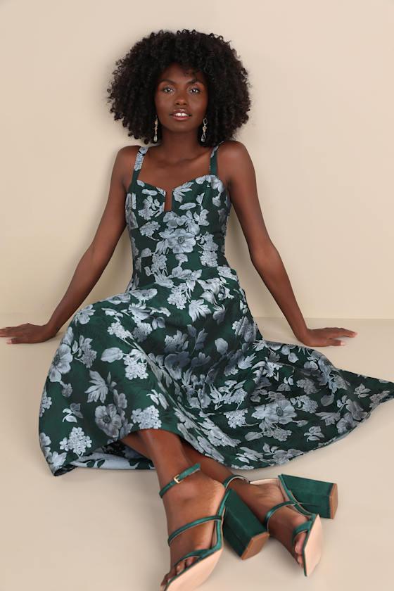 Major Flirtation Emerald Floral Jacquard Drop Waist Midi Dress Product Image