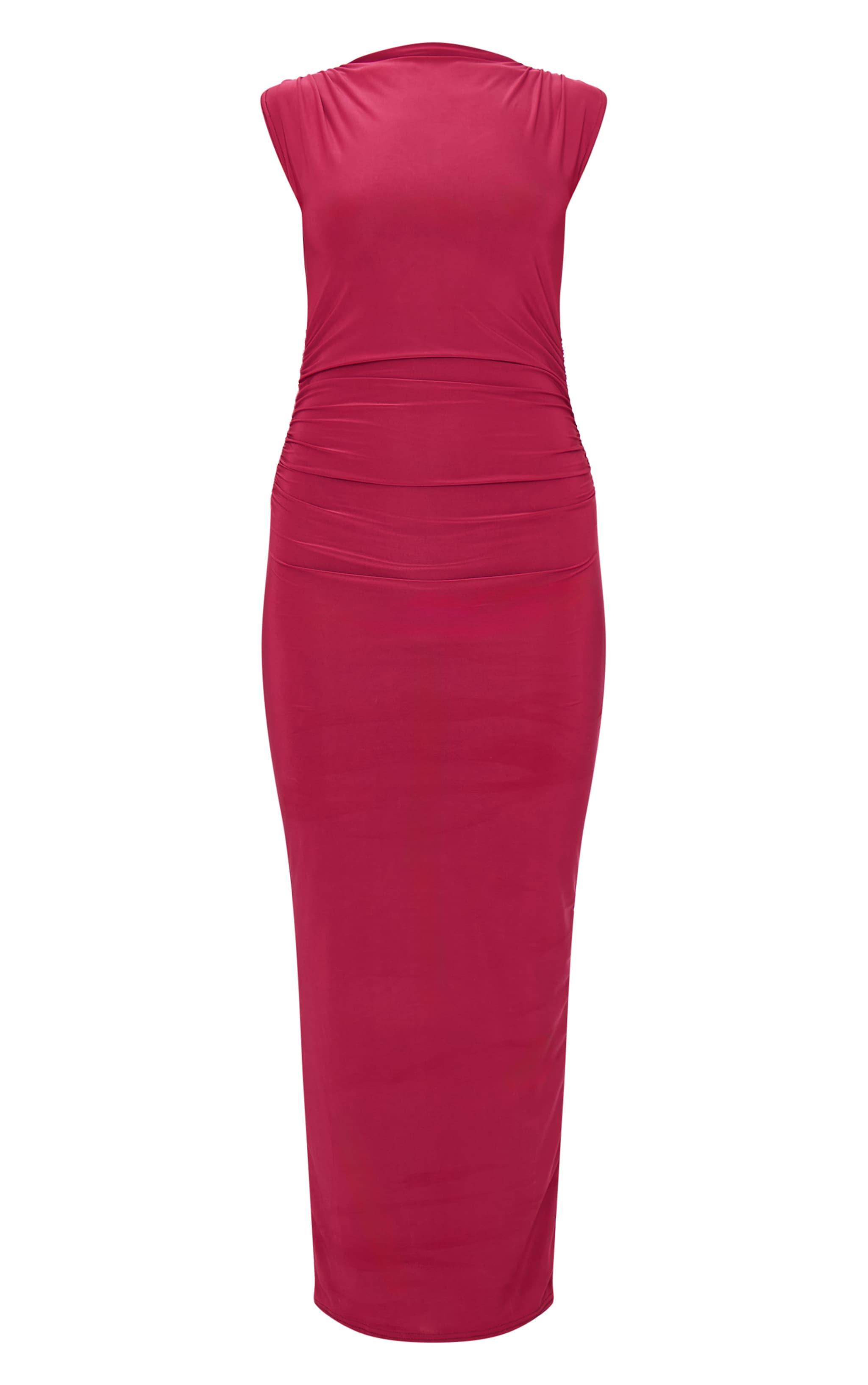 Burgundy Slinky High Neck Ruched Side Midaxi Dress Product Image