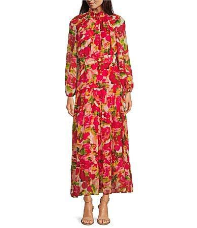 Taylor Floral Smocked Mock Neckline Long Sleeve Beaded Belt Dress Product Image