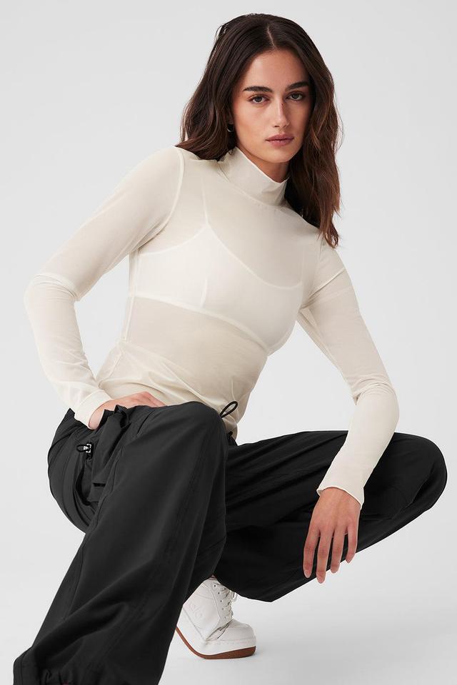 Mesh Sheer Illusion Mock Neck Long Sleeve - Ivory Female Product Image