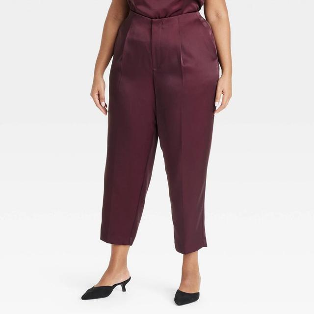 Womens Super-High Rise Tapered Ankle Tailored Satin Trousers - A New Day Burgundy 24 Product Image