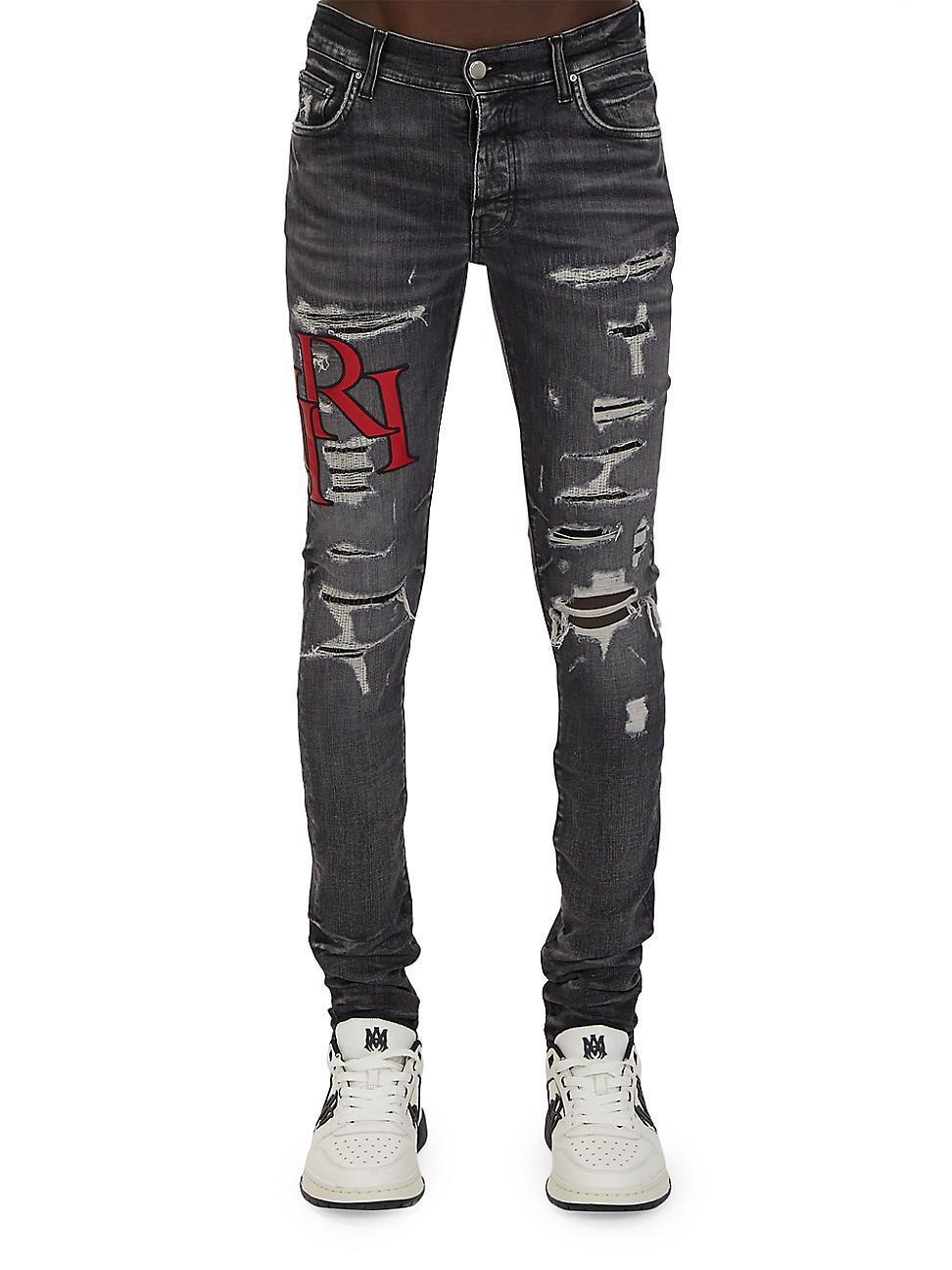 Mens Staggered Logo Distressed Skinny Jeans Product Image