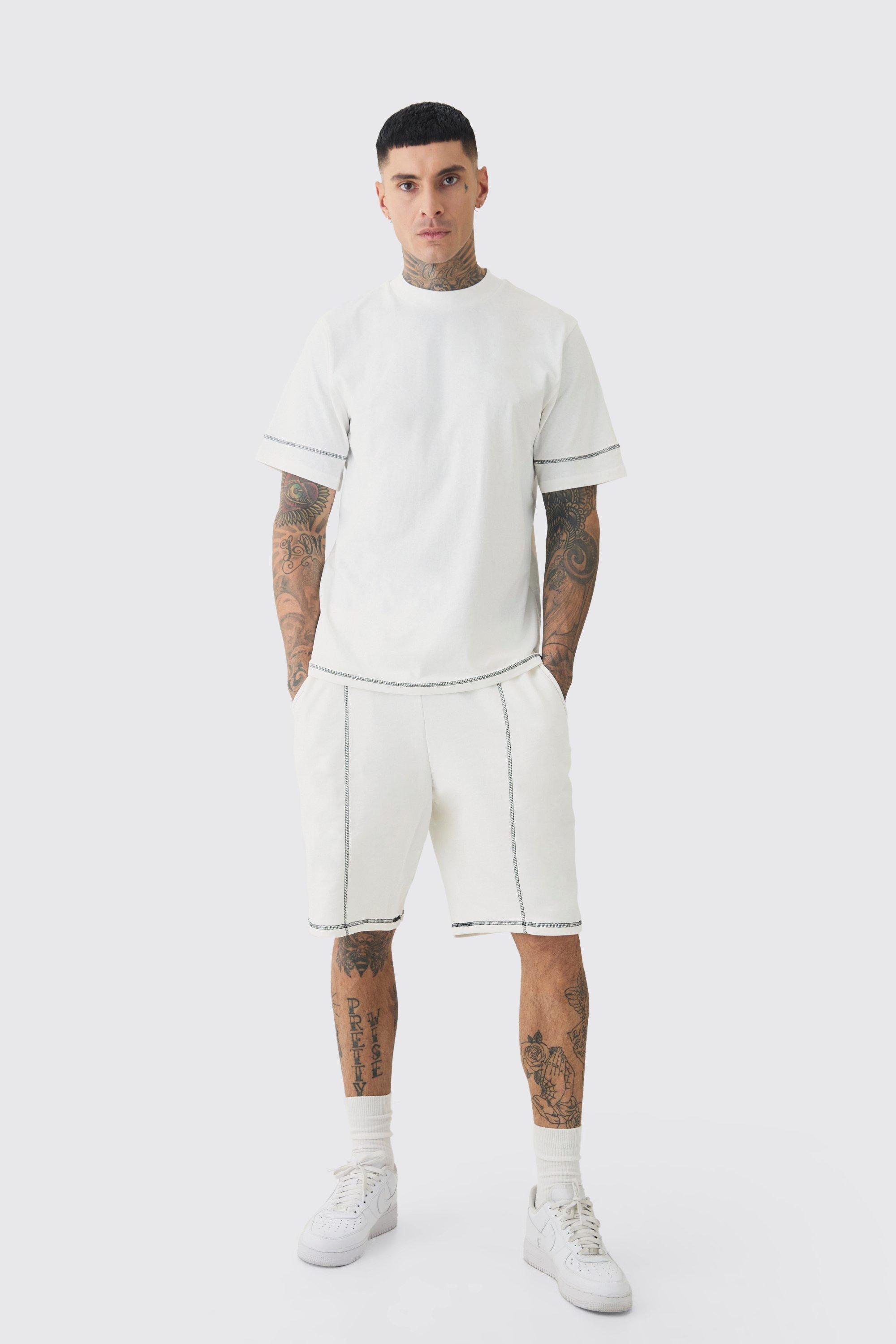 Tall Oversized Extended Contrast Stitch T-shirt & Short Set | boohooMAN USA Product Image