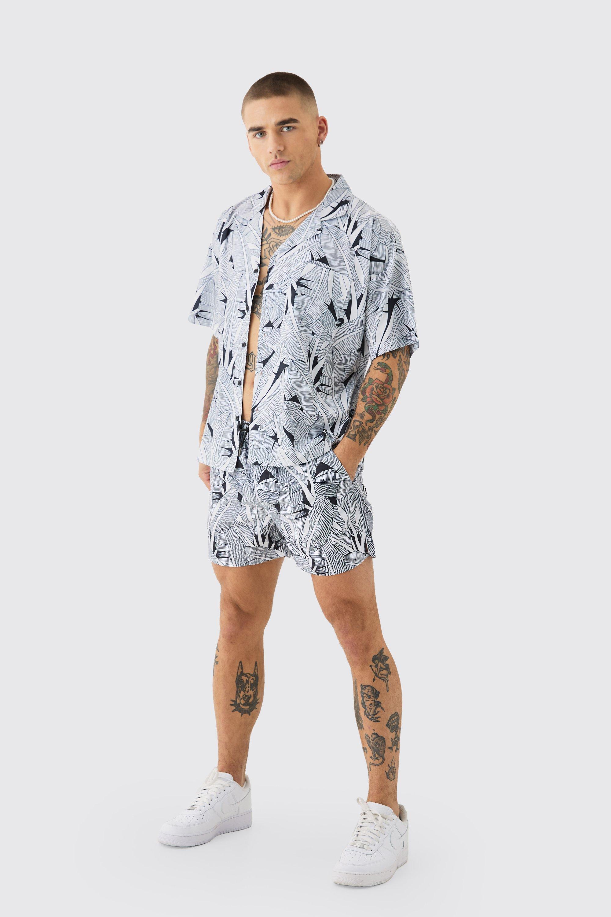 Mens Black Leaf Shirt & Swim Short Set, Black Product Image