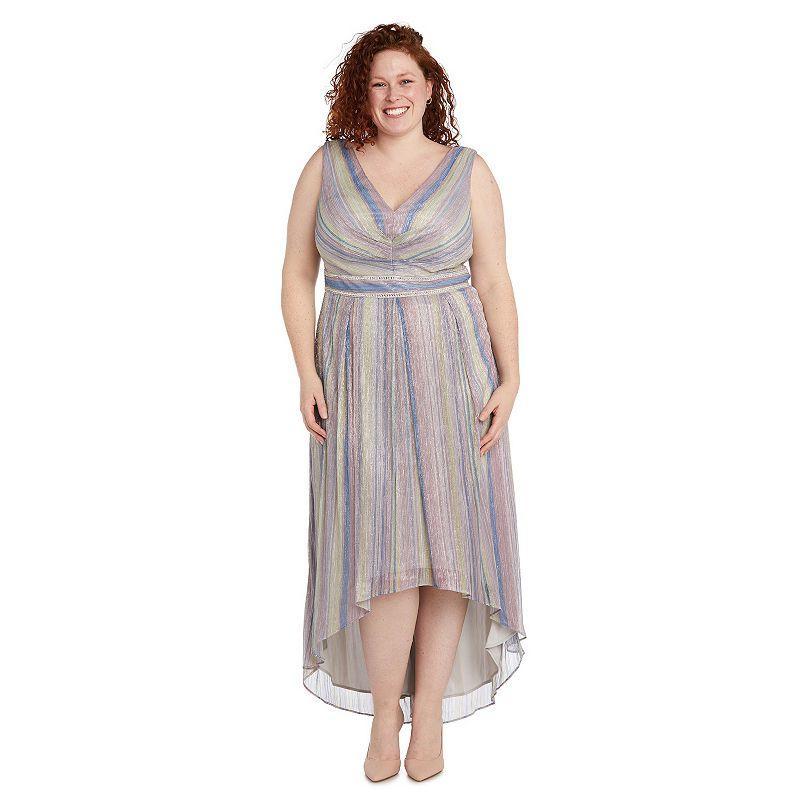 Plus Size R&M Richards Colorful Metallic Crinkle Print V-Neck High-Low Maxi Dress, Womens Product Image