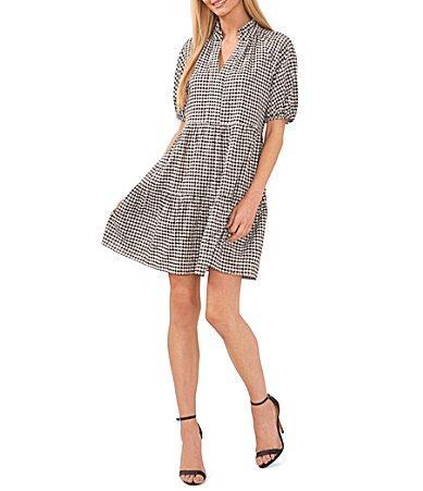 CeCe V-Neck Short Puff Sleeve Tiered Gingham Babydoll Dress Product Image