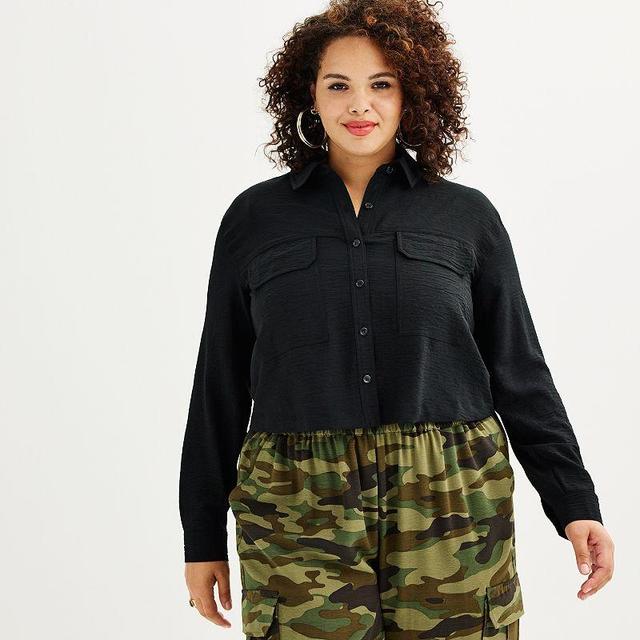 Plus Size INTEMPO Long-Sleeve Cropped Shirt, Womens Product Image