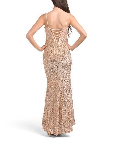 Sequin Gown With Illusion Lace Applique Bodice for Women | Polyester/Elastane Product Image