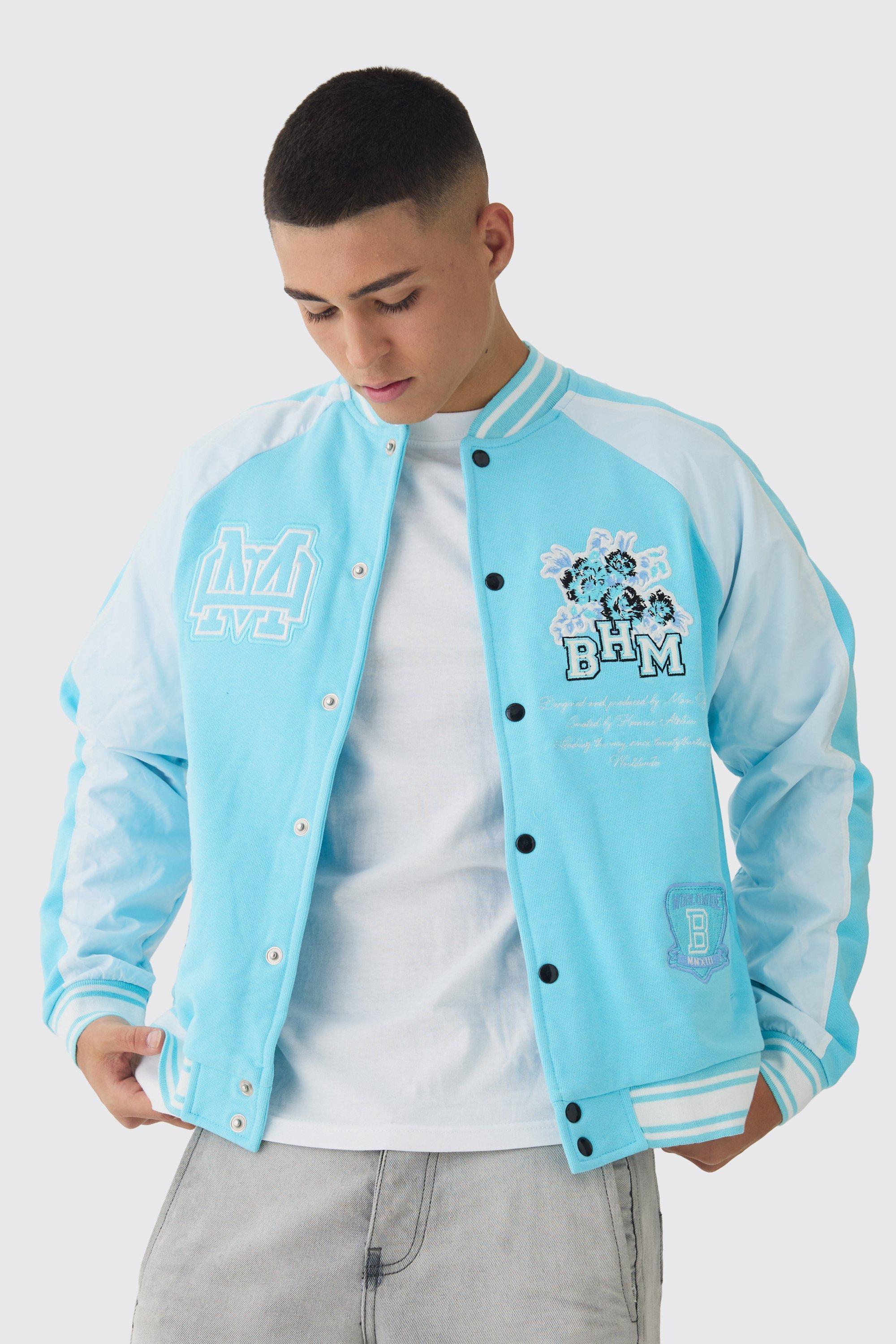 Oversized Boxy Floral Applique Jersey Varsity Jacket | boohooMAN USA Product Image