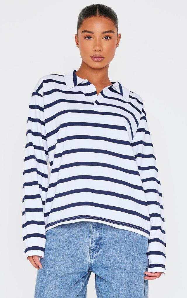 Blue And White Contrast Stripe V Neck Collared Sweatshirt Product Image