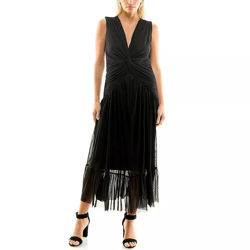 Womens Nicole Miller V-Neck Sleeveless Tiered Pleated Mesh Skirt Maxi Dress Product Image