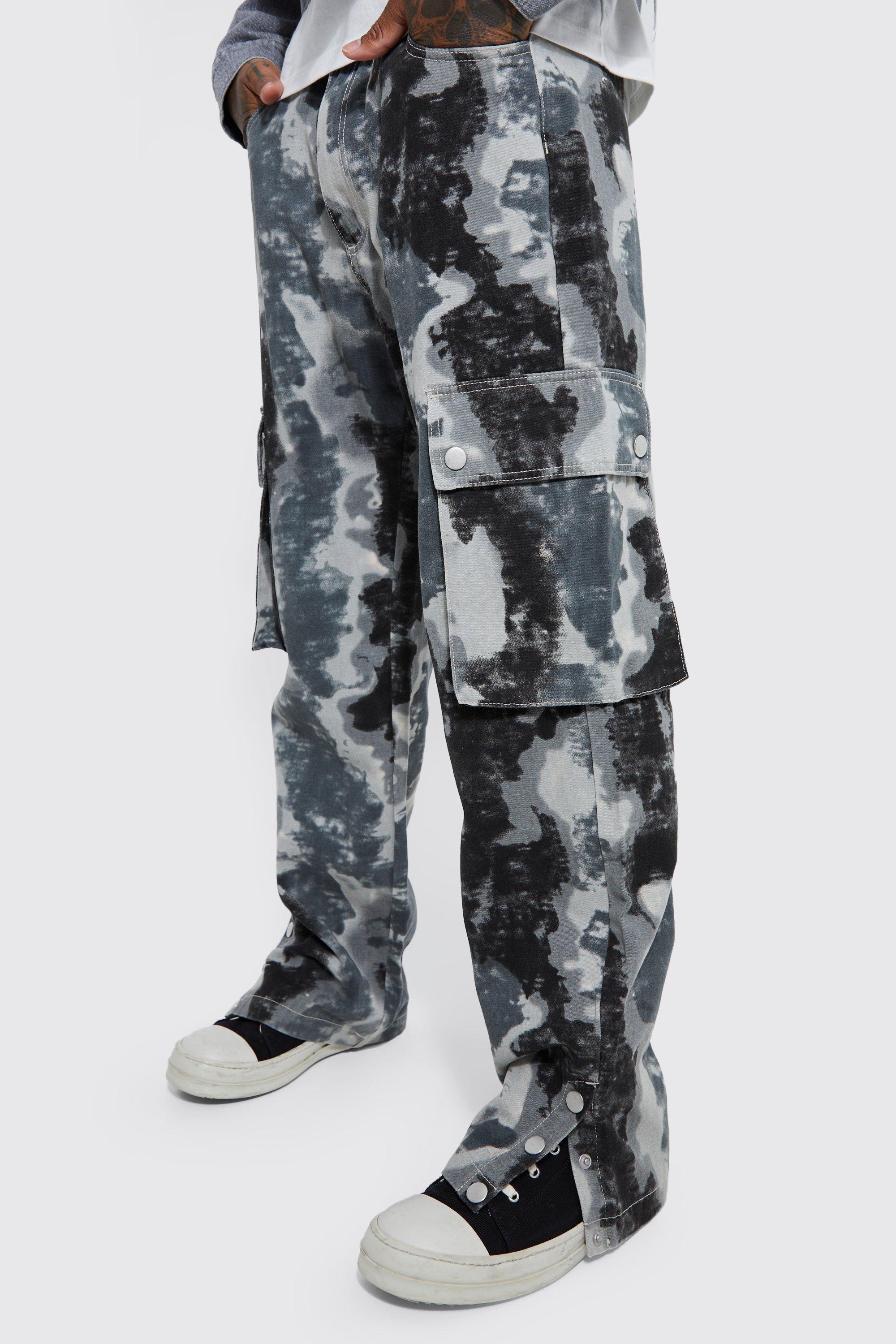 Fixed Relaxed Camo Cargo Popper Hem Pants | boohooMAN USA Product Image