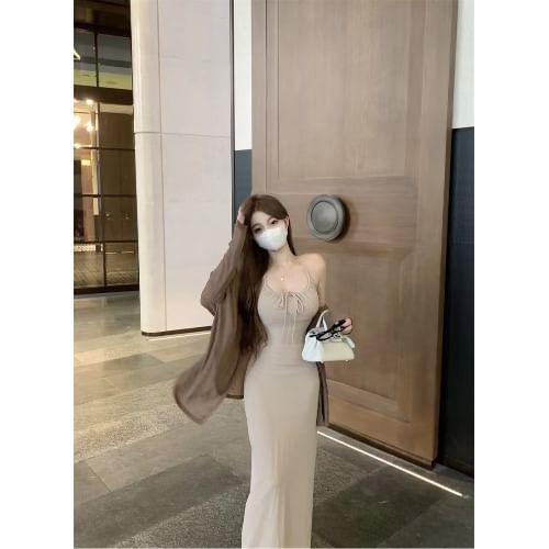 Spaghetti Strap Plain Tie Front Maxi Sheath Dress / Plain Cardigan Product Image