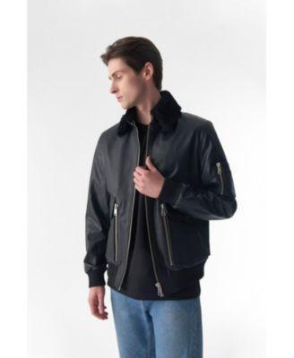 Men's Detachable Shearling Collar Leather Jacket, Jumbo Black Product Image