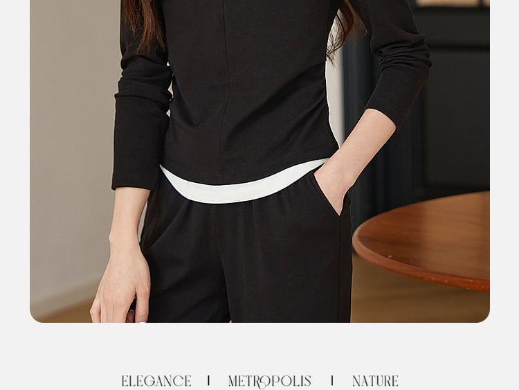 Set: Long-Sleeve Stand Collar Plain Zip Top + Mid Rise Plain Wide Leg Pants Product Image