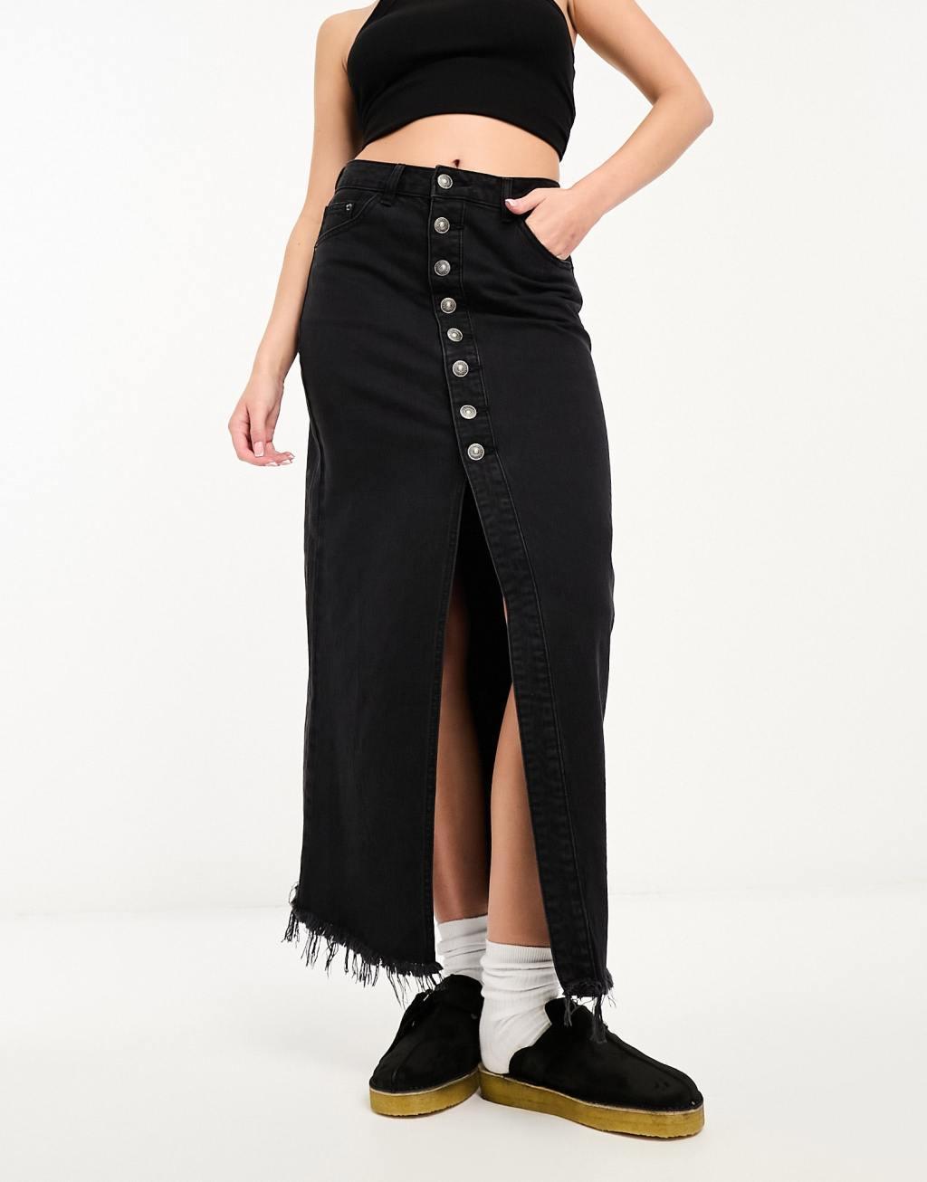 Stradivarius button through denim midi skirt Product Image