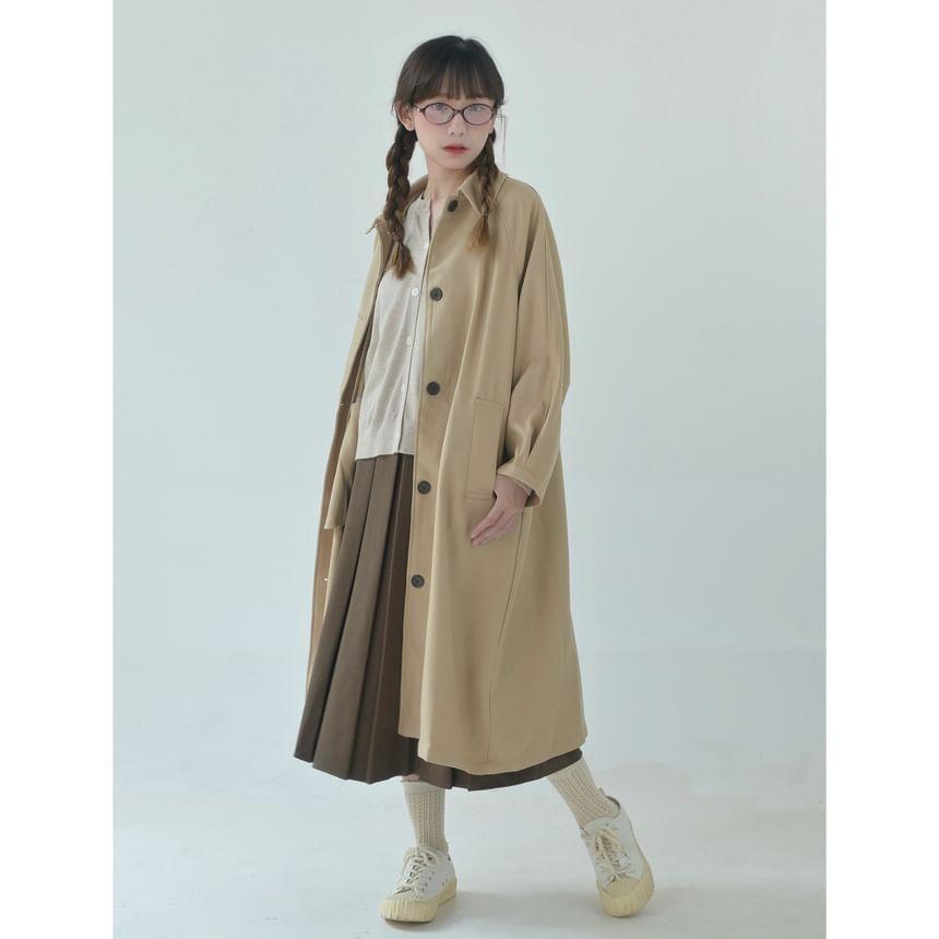 Collared Plain Single Breasted Long Trench Coat Product Image