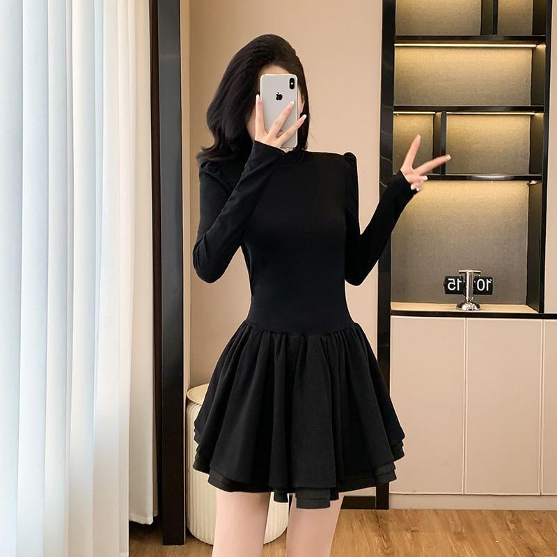 Long-Sleeve Plain Mini A-Line Dress Product Image