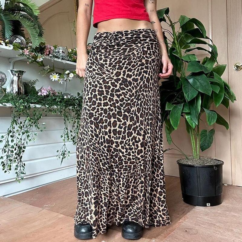 Low Waist Leopard Print Maxi A-Line Skirt Product Image