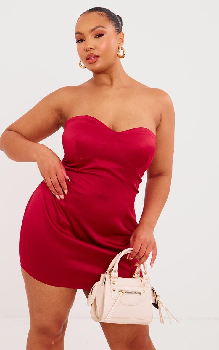 Plus Red Satin Bandeau Cup Detail Mini Dress Product Image