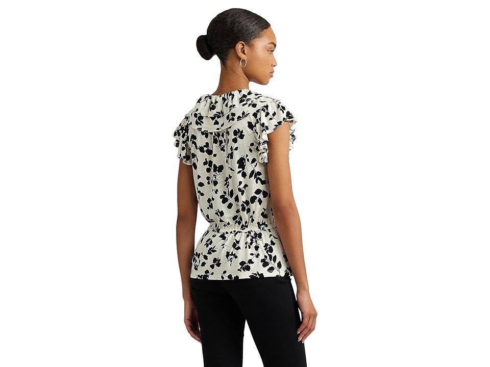 LAUREN Ralph Lauren Leaf-Print Ruffle-Trim Jersey Peplum Top (Cream/Black) Women's Sweater Product Image