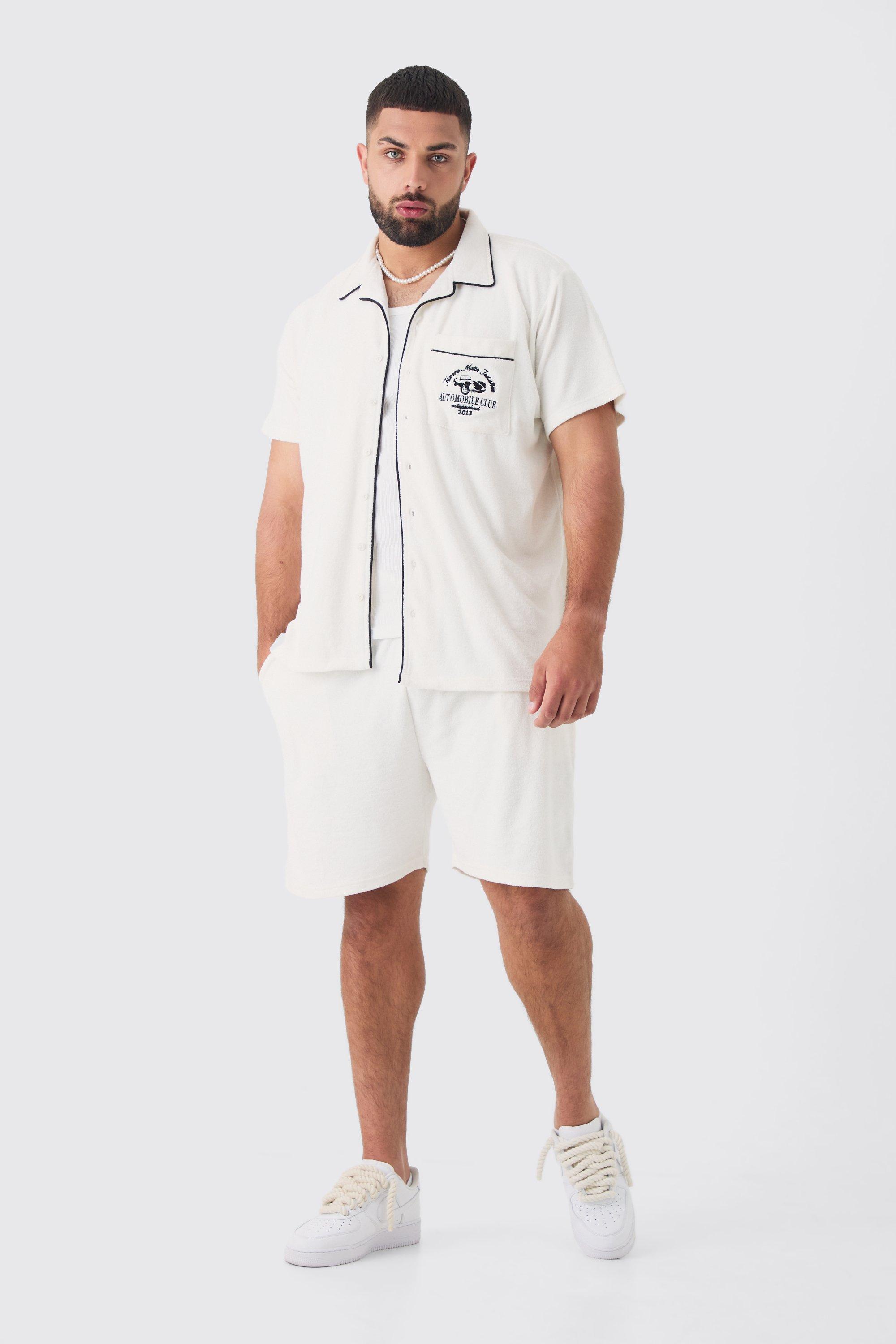 Plus Embroidered Towelling Shirt & Short Set in White | boohooMAN USA Product Image