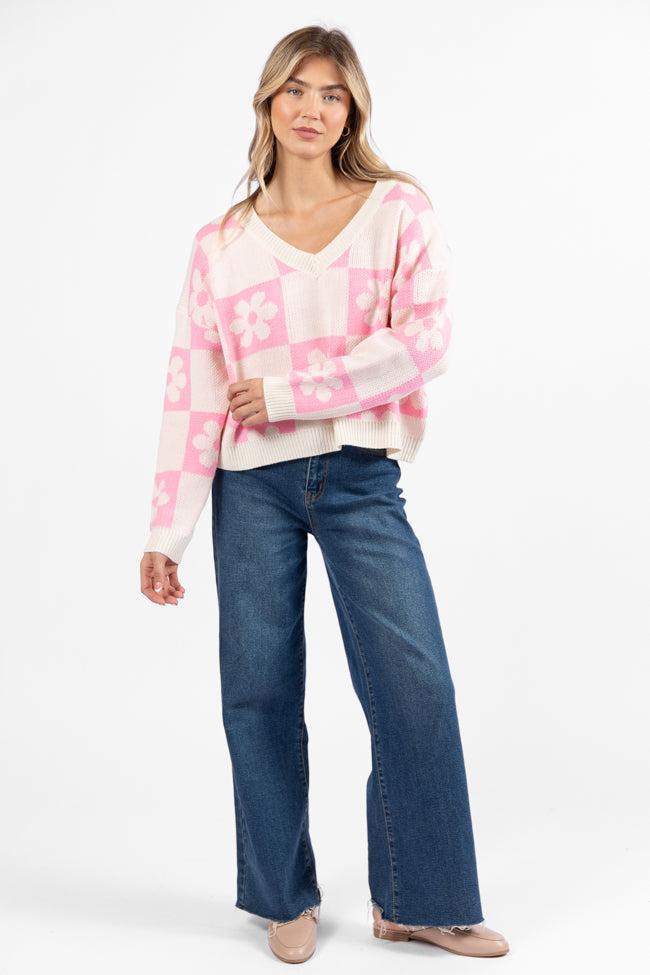 Found A New Way Pink V-Neck Checkered Flower Sweater FINAL SALE Product Image