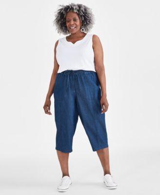 Plus Size Drawstring Chambray Capri Pants, Created for Macy's Product Image