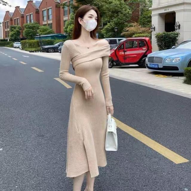 One-Shoulder Long Sleeve Plain Ribbed Midi Knit Dress Product Image