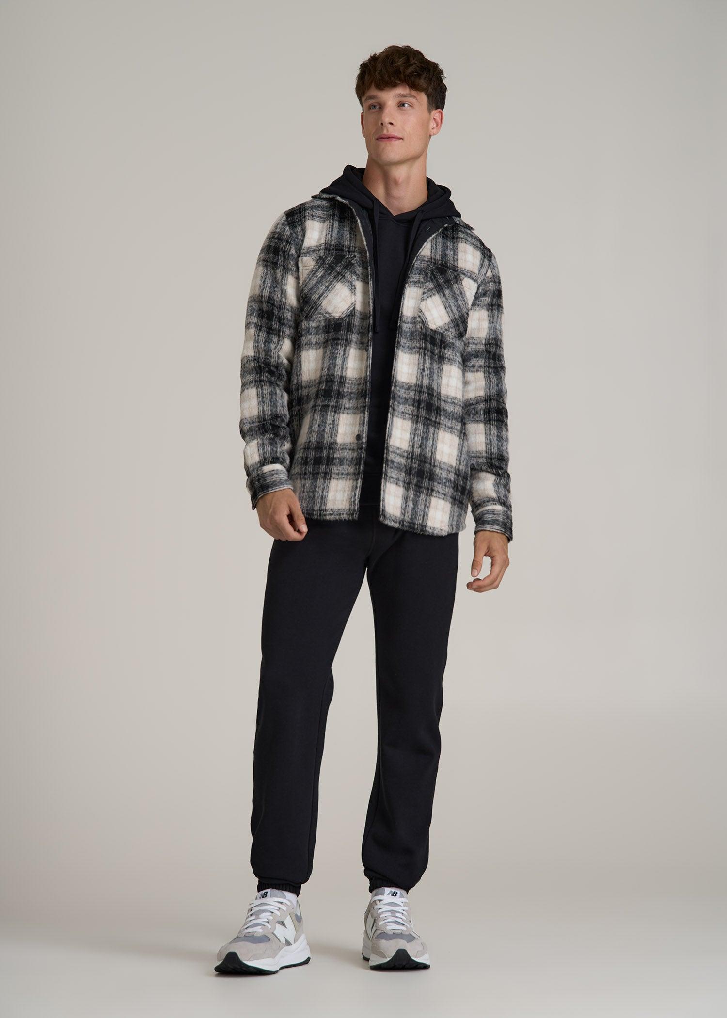 Brushed Flannel Overshirt for Tall Men in Ecru and Black Plaid Male Product Image