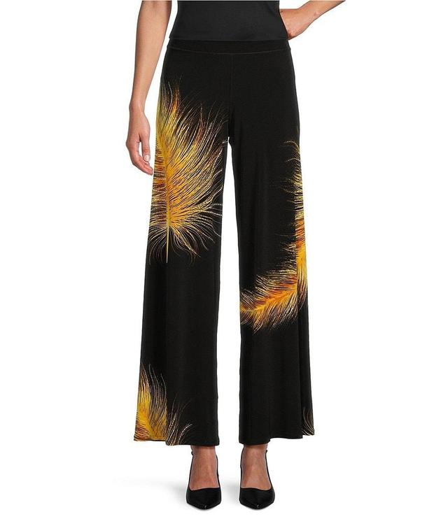 Eva Varro Exotic Feather Print Knit Jersey Wide-Leg Pull-On Pants Product Image