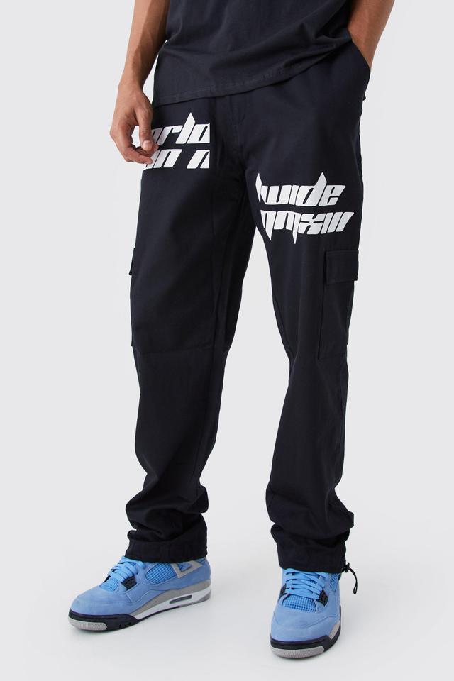 Tall Relaxed Cargo Spliced Text Print Pants | boohooMAN USA Product Image