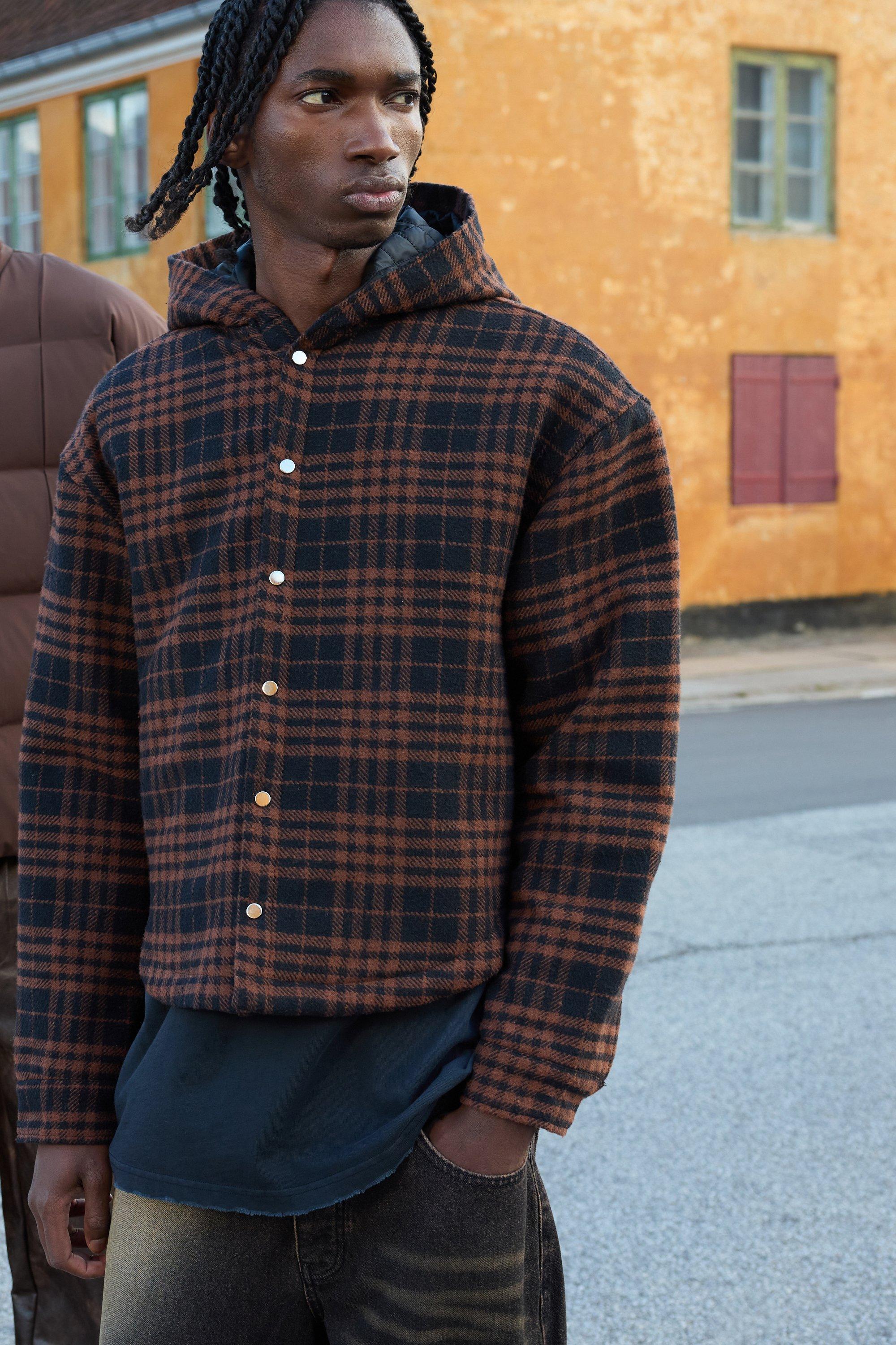 Oversized Padded Hooded Plaid Overshirt | boohooMAN USA Product Image