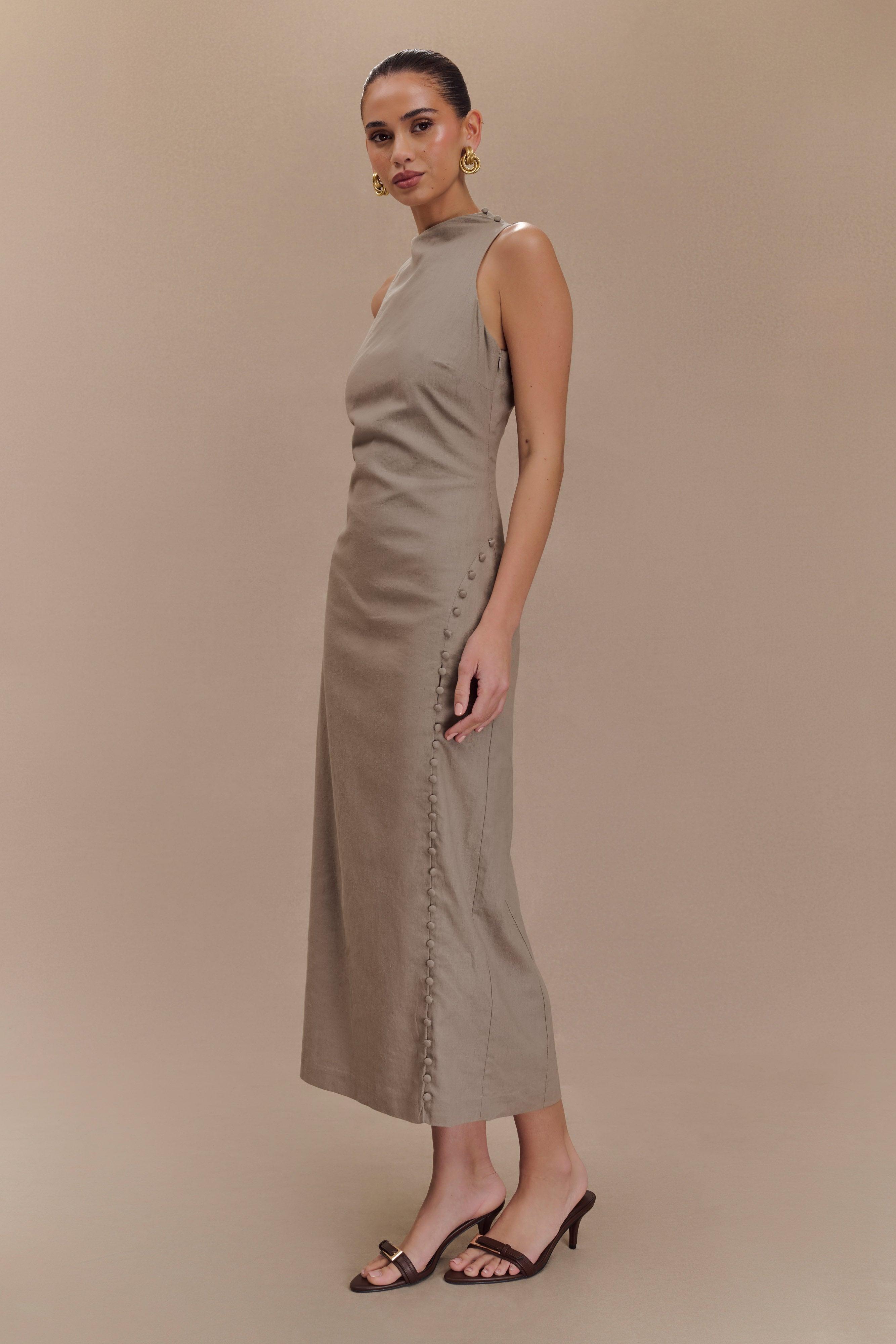 Bronte Linen Button Midi Dress - Pebble Product Image