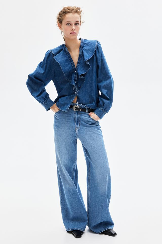 Flounce-Trimmed Denim Blouse Product Image