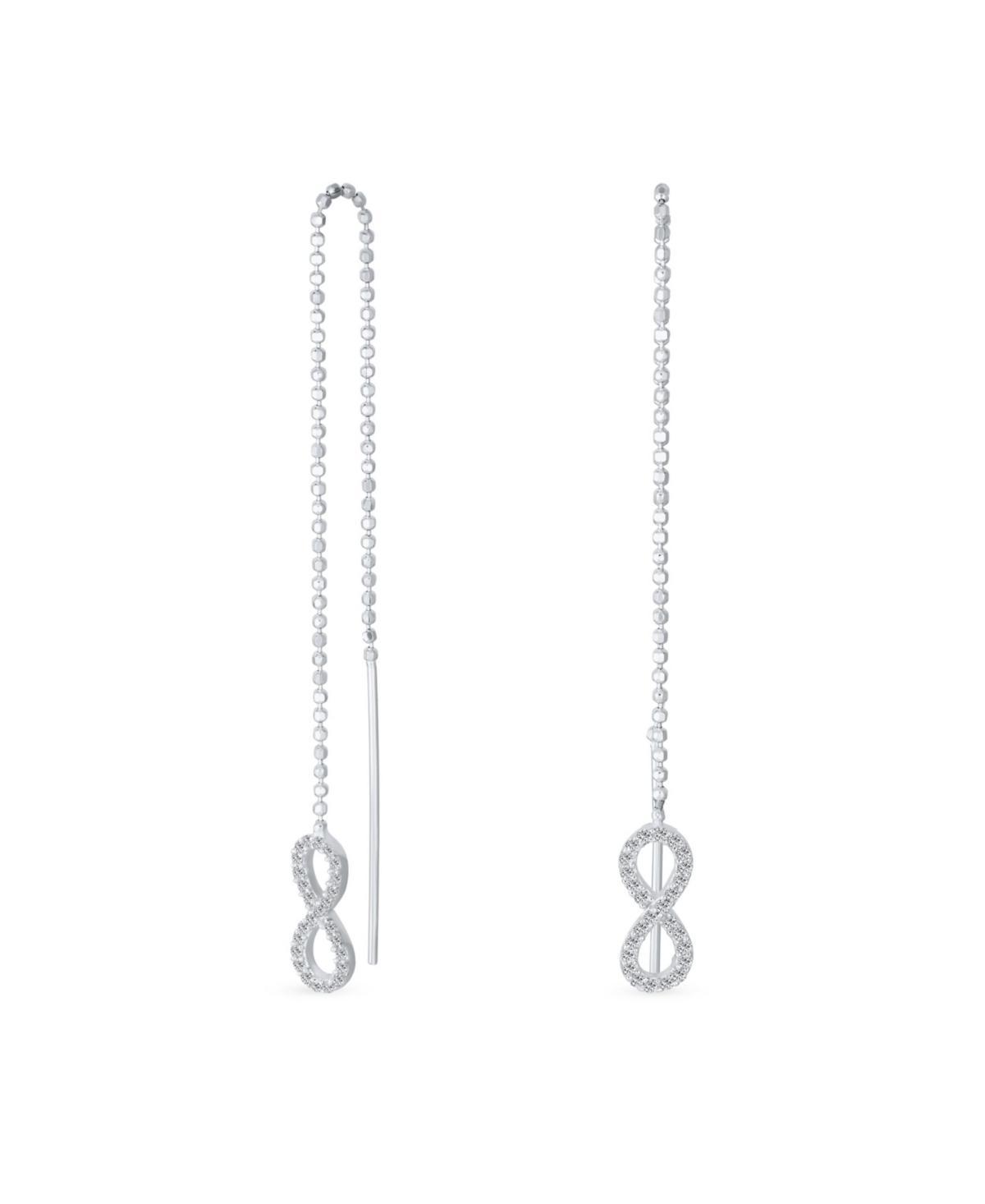 Geometric Figure Eight Long Pave Cz Ball Chain Romantic Love Knot Symbol Infinity Threader Earrings For Women Teens .925 Sterling Silver Product Image