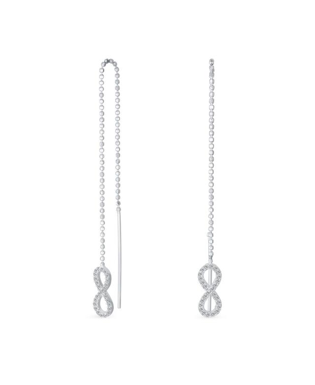 Geometric Figure Eight Long Pave Cz Ball Chain Romantic Love Knot Symbol Infinity Threader Earrings For Women Teens .925 Sterling Silver Product Image