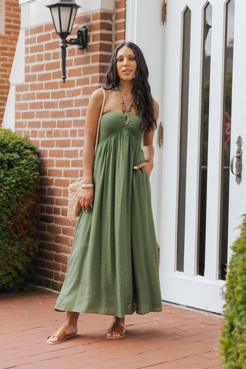 Olive Halter Beaded Ruched Maxi Dress - FINAL SALE Product Image