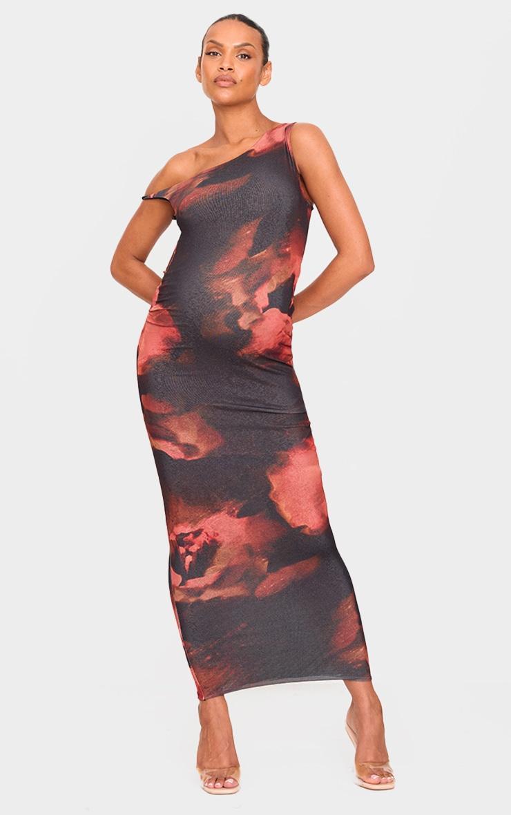 Maternity Brown Asymmetric Onion Skin Flower Print Maxi Dress Product Image