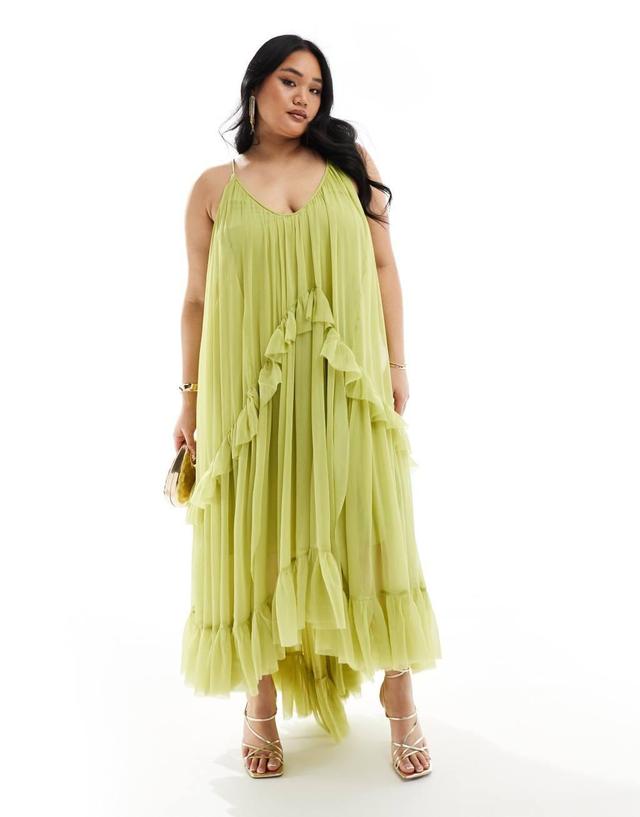 ASOS DESIGN Curve scoop neck trapeze maxi dress with frill in olive green Product Image